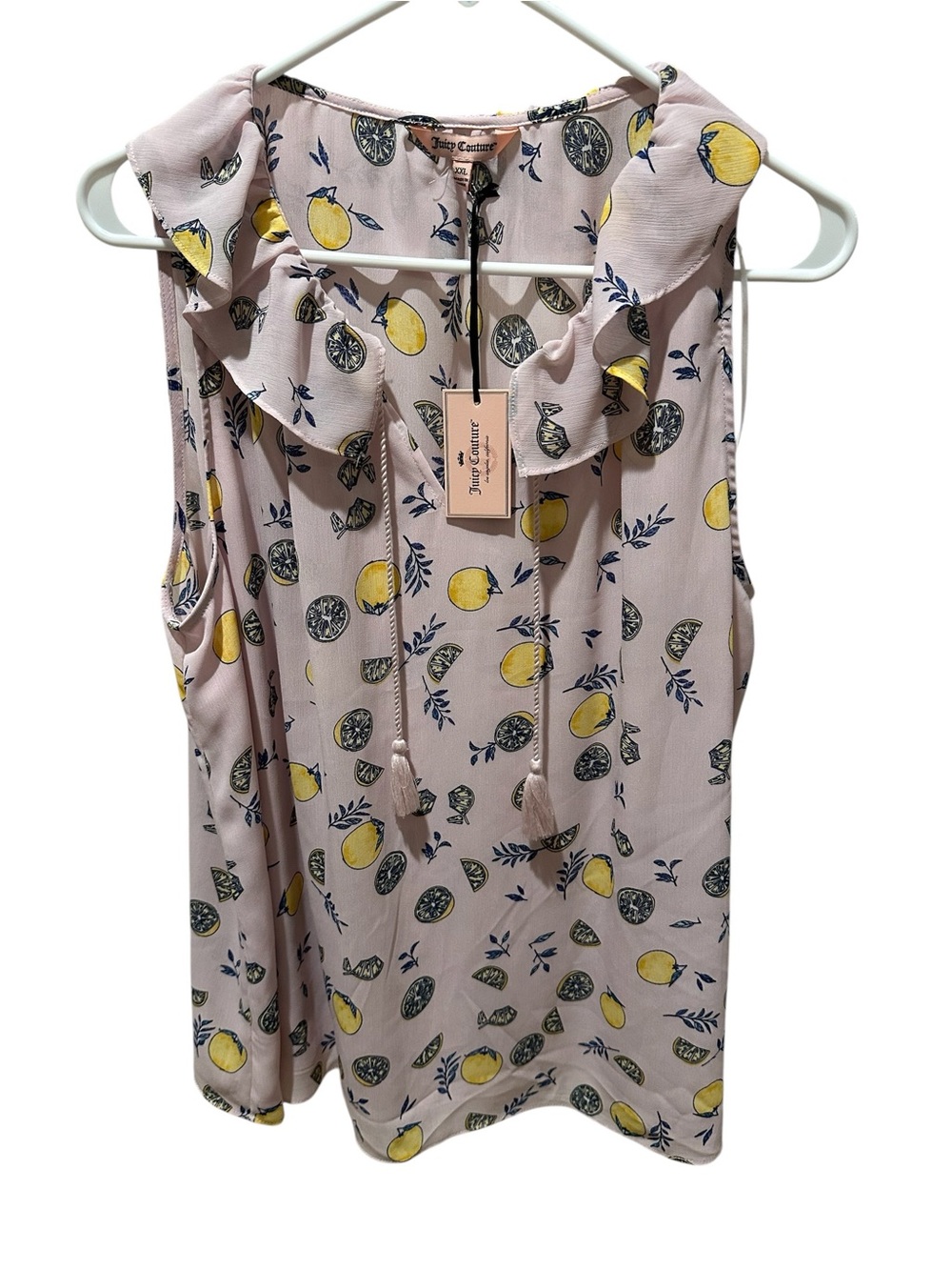 Juicy Couture Pink Lemon Print Ruffle Tie-Front Sleeveless Top